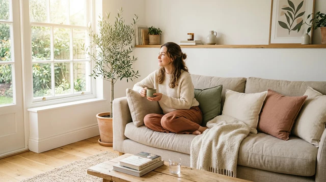 Mujer reflexionando en calma con una taza de té junto a la ventana